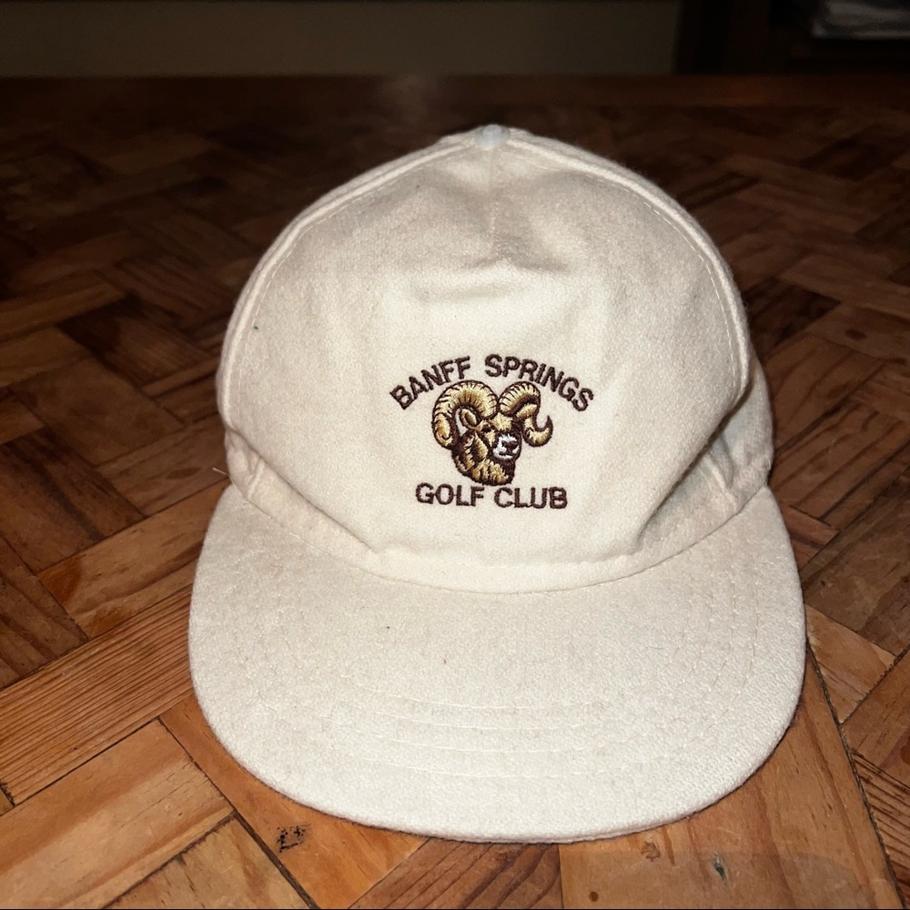 vtg Banff Springs Golf hat wool nylon tan M/L